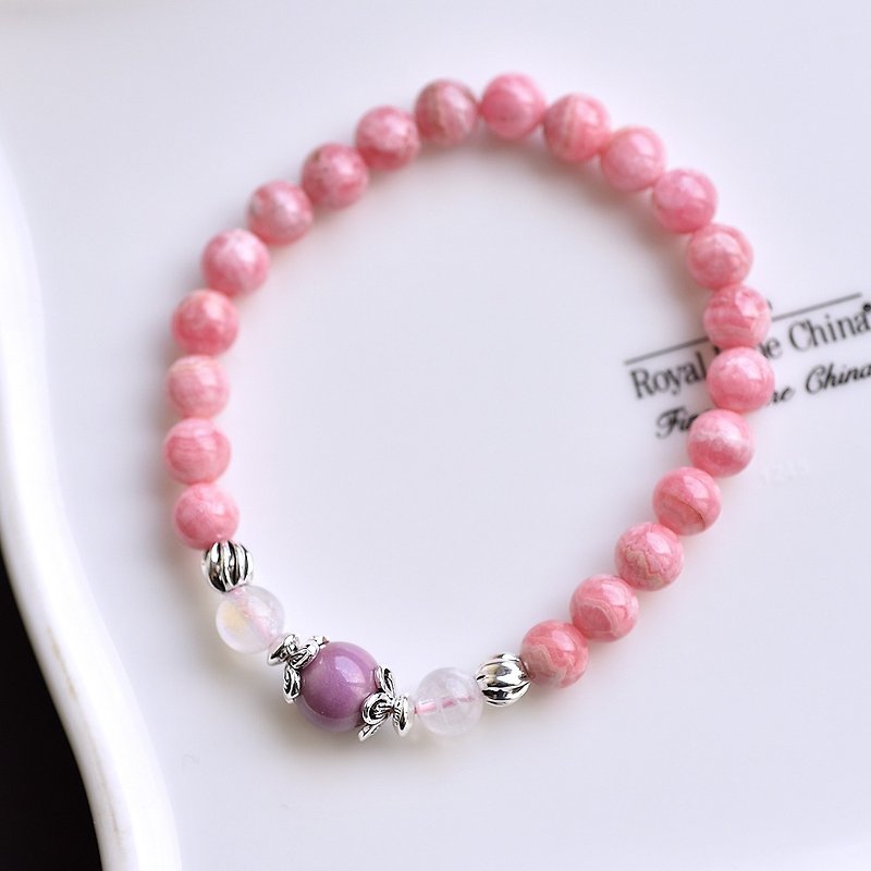 Rhodochrosite + Moonstone + Azurite sterling silver bracelet - Bracelets - Semi-Precious Stones Pink