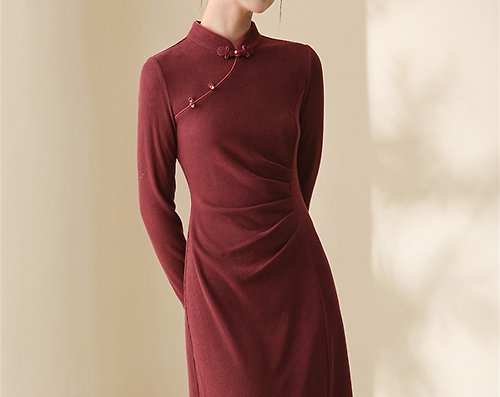 初蟬 新中式 秋冬酒紅色復古氣質中國風針織改良旗袍洋裝