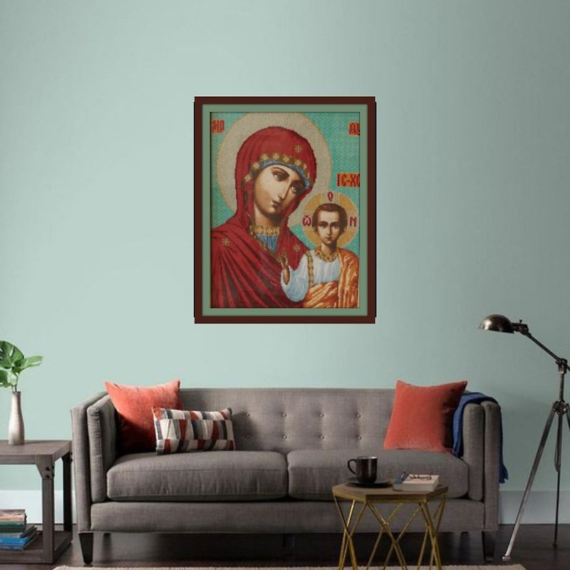 งานปัก ตกแต่งผนัง หลากหลายสี - Theotokos, Icon of Mother God, Hand Cross Stitched, Kazan icon, Orthodox Gifts,