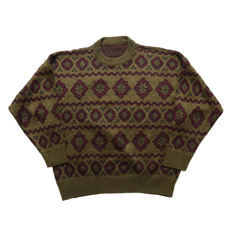 Olive Green Snowflake Totem Sweater Vintage Sweater Knitted Sweater Christmas Sweater - สเวตเตอร์ผู้หญิง - วัสดุอื่นๆ สีเขียว