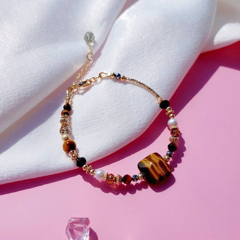 Happiness peek-a-boo. Yellow Tiger Eye Stone Black Gold Super Seven 14K Gold Filled Crystal Ore Design Bracelet - Bracelets - Crystal Brown