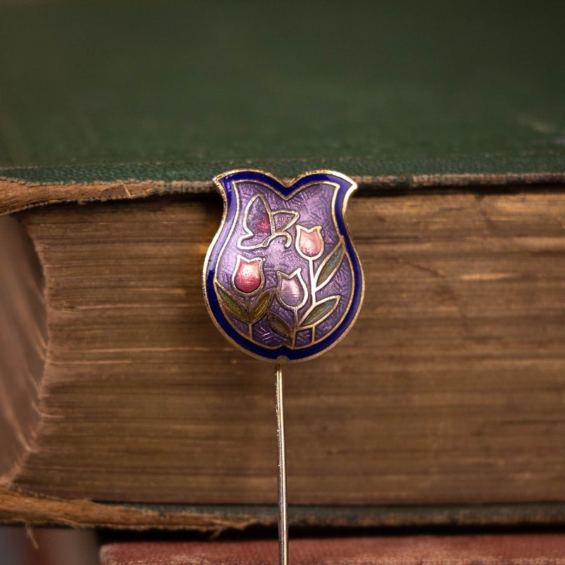American Antique Purple Tulip and Butterfly Enamel Cloisonne Bronze Body Enamel Craft Pin Brooch - เข็มกลัด - วัตถุเคลือบ สีม่วง
