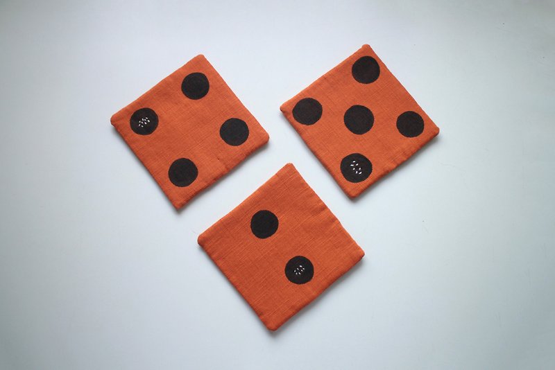 Square Dice Embroidered Coaster/ Black Dots on Orange - Coasters - Thread Orange