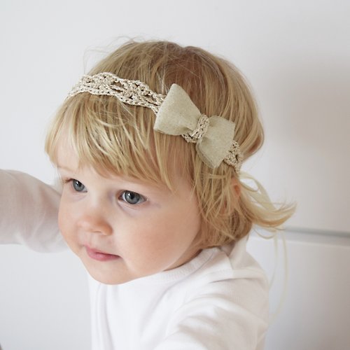 kerasoftwear Golden Baby Headband, Crochet Bow Headband, Adjustable Length Gold Headband