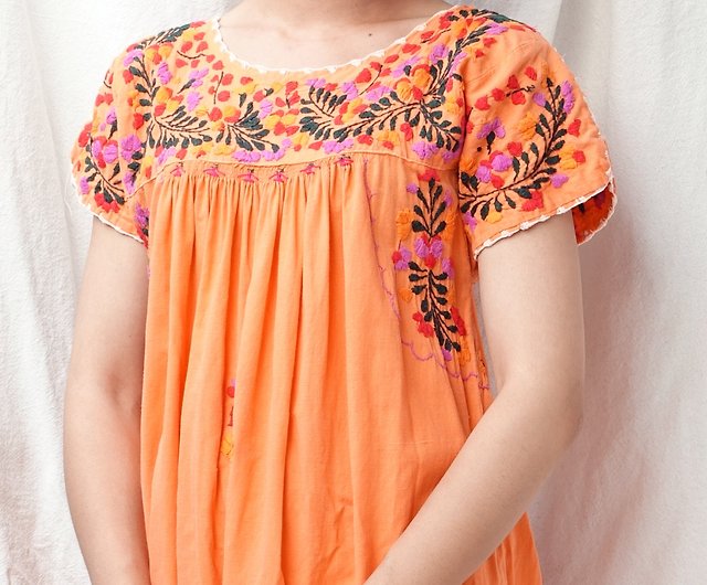 ORANGE PEASANT EMBROIDERED MEXICAN DRESS – MexiMart