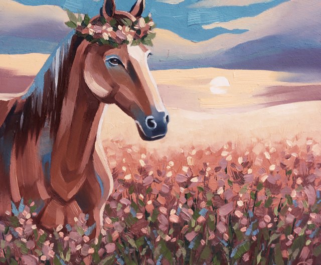 馬の風景画 絵画　森　アート 馬の絵画 風景画 オリジナルアート 動物のアートワーク 農場の壁