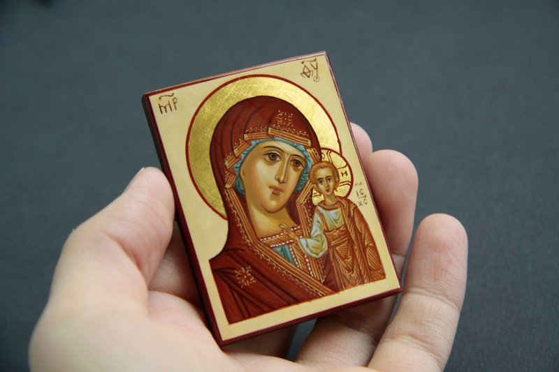 hand painted orthodox christian Virgin Mary icon, miniature religious painting - Other - Eco-Friendly Materials Gold