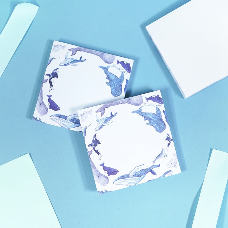 【鯨歸何處】水彩插畫 便條紙 不黏便簽 Memo紙 鯨魚 文具 - 便條紙/便利貼 - 紙 藍色