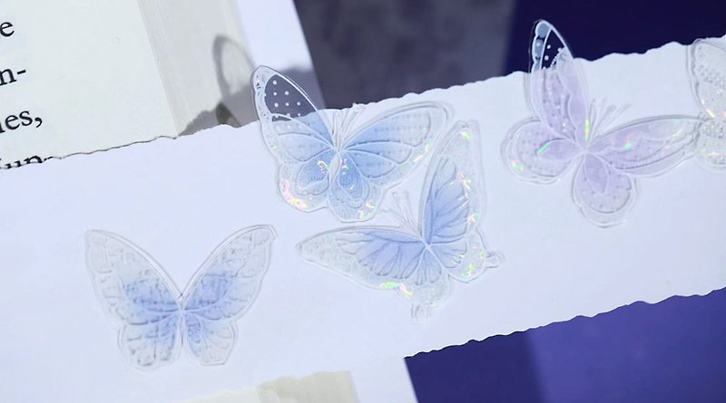 Butterfly Pianpian PET paper tape shell Silver 10 meters roll - มาสกิ้งเทป - วัสดุอื่นๆ หลากหลายสี