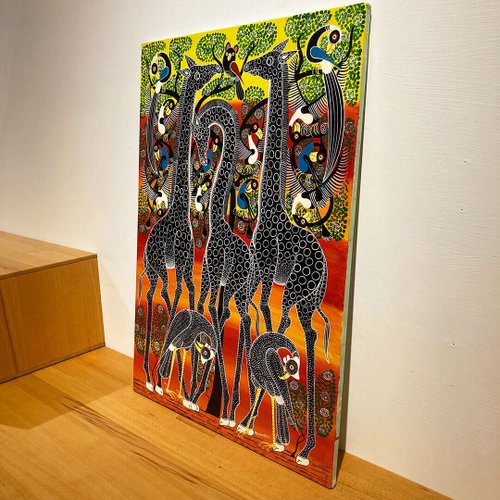 絵画 Tingatinga T965 Giraffe and Guinea Fowl/African TingaTinga original