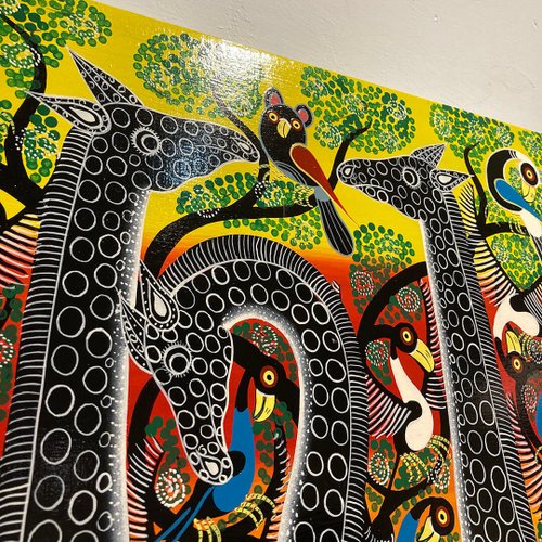 絵画 Tingatinga T965 Giraffe and Guinea Fowl/African TingaTinga original