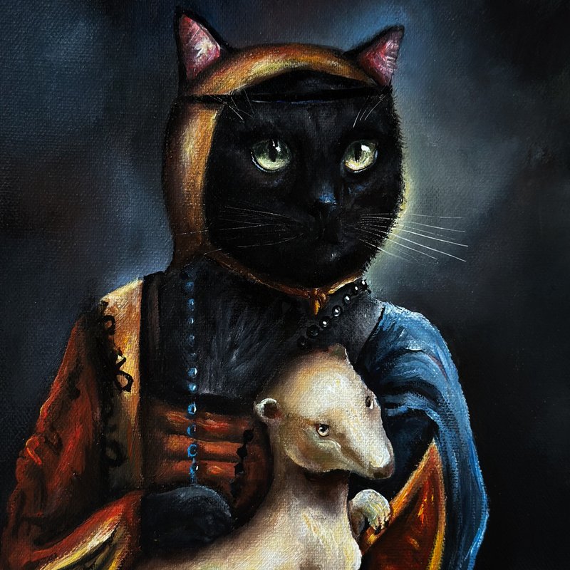 Black cat original canvas painting, Cat wall art, Black cat portrait, Retro art - 壁貼/牆壁裝飾 - 棉．麻 多色