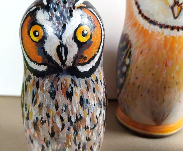 マトリョーシカフクロウオリジナルアートウッドフクロウ絵画