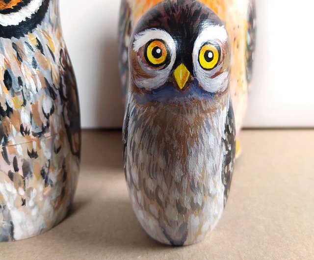 マトリョーシカフクロウオリジナルアートウッドフクロウ絵画