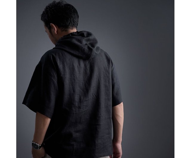 Linen Hoodie - wafu - 100% Linen Short outlet Sleeve Hoodie / Black t047f-bck1