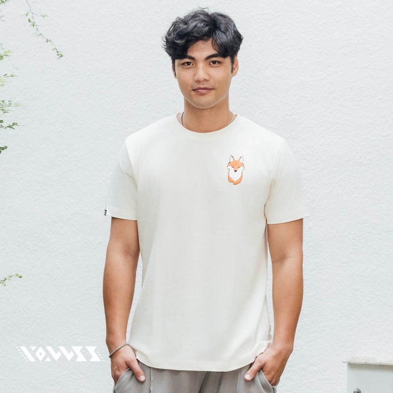 [Forest Animal Series] Fox patch T cream white style (suitable for men and women) - เสื้อยืดผู้ชาย - ผ้าฝ้าย/ผ้าลินิน ขาว