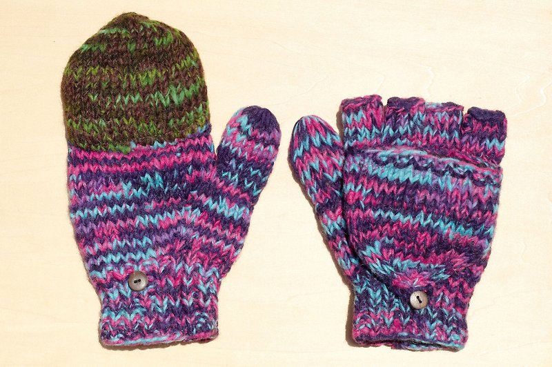 聖誕節禮物 限量一件針織純羊毛保暖手套 / 2ways手套 / 露趾手套 / 內刷毛手套 / 針織手套 - 混色漸層藍紫色星辰 - 手套/手襪 - 羊毛 多色