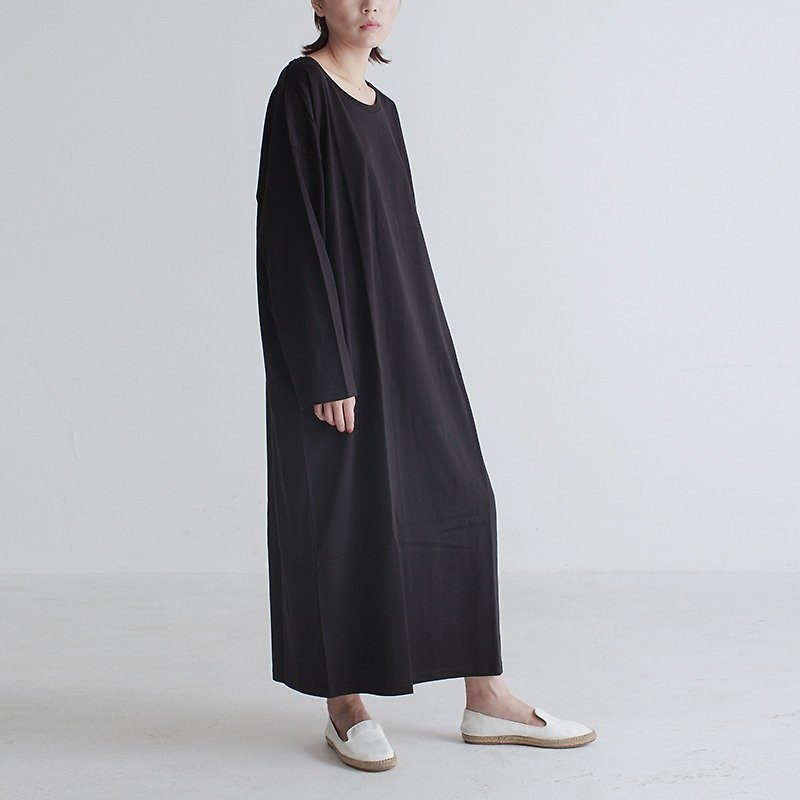 Long-sleeved black and gray matryoshka Minimalist loose cotton knotted one-piece dress Tee skirt ultra-long big-name style dress - ชุดเดรส - ผ้าฝ้าย/ผ้าลินิน สีดำ