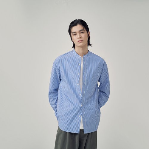 JARVISTORM官方線上店鋪 JARVISTORM2021秋新款簡約日系都市時尚色織藍條紋無領長袖襯衫男