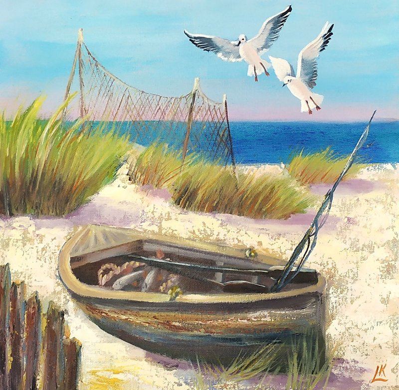 Fisherman's Boat Oil Painting Seacoast Painting Ocean Art Boat Art Sea Oil Art - โปสเตอร์ - ผ้าฝ้าย/ผ้าลินิน 