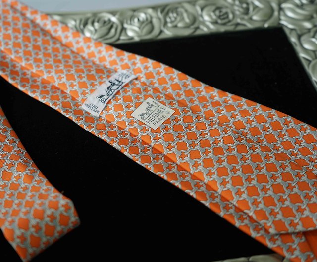 Hermes Saint-Tropez Tie Chaine Pattern 659144T Silk Orange Men's