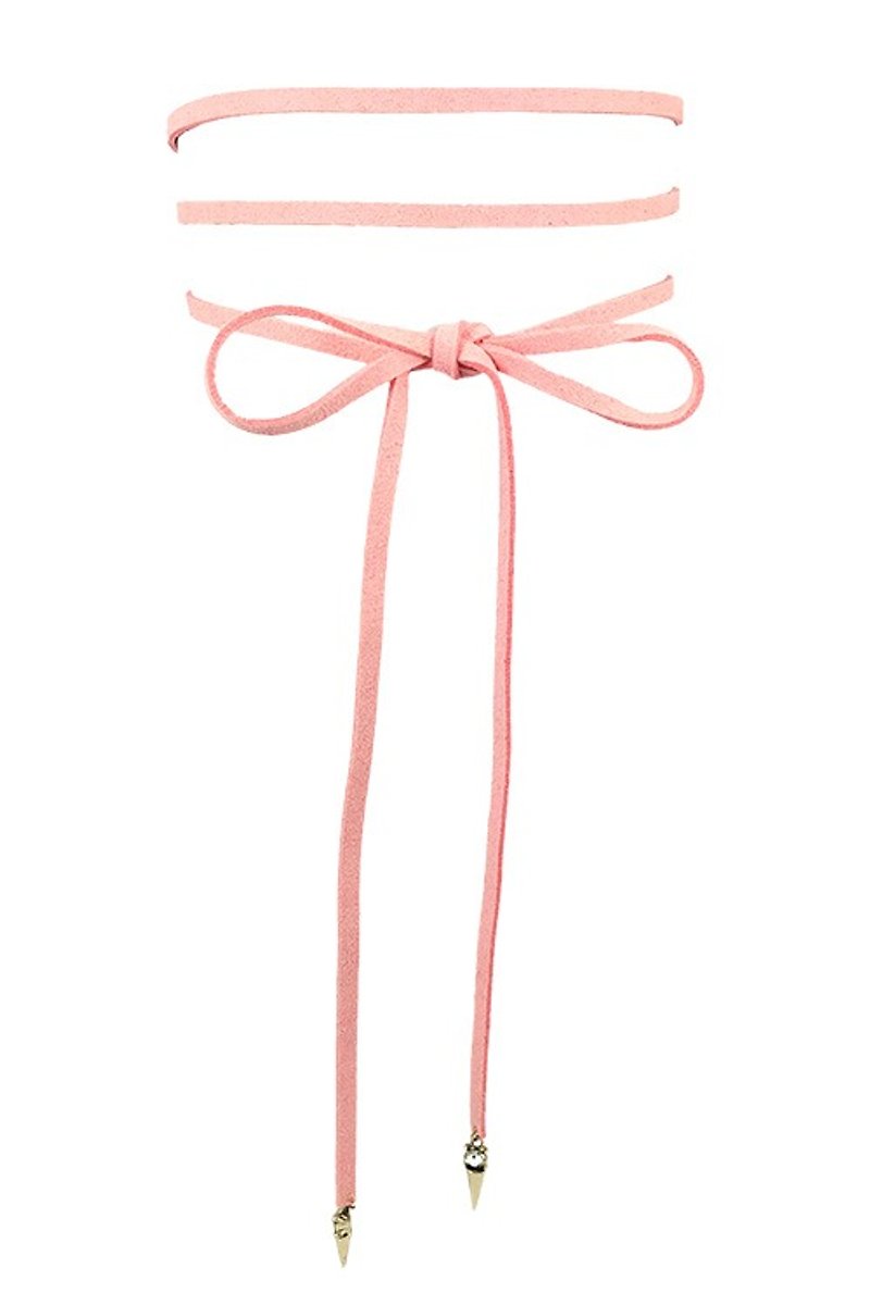 Pink suede buckle-imitation rope three-ring necklace (the buckle is directly at the back and the extension chain is added, making it more convenient to wear in one piece) - สร้อยคอ - วัสดุอื่นๆ สึชมพู
