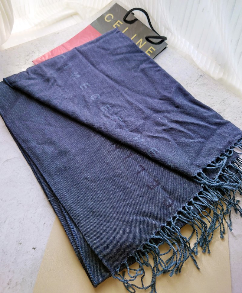 Second-hand unique CELINE tassel large-size wool blanket, blanket, neck scarf, neck scarf, scarf, shawl - ผ้าพันคอถัก - ขนแกะ สีน้ำเงิน