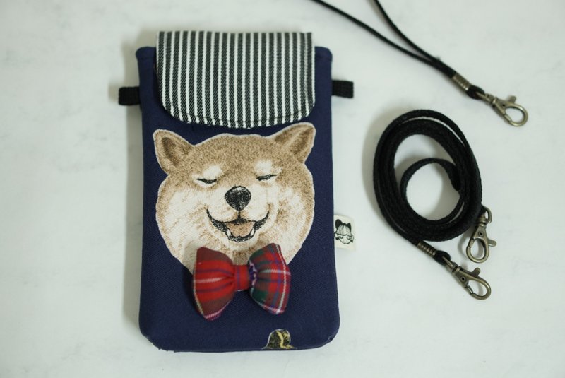 2WAYスマホポーチ 大きな頭の柴犬 グリーン/ダークブルー - ショルダーバッグ - コットン・麻 多色