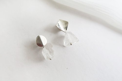 Natural Light 925純銀 方、圓折射光 白水晶 耳環 一對