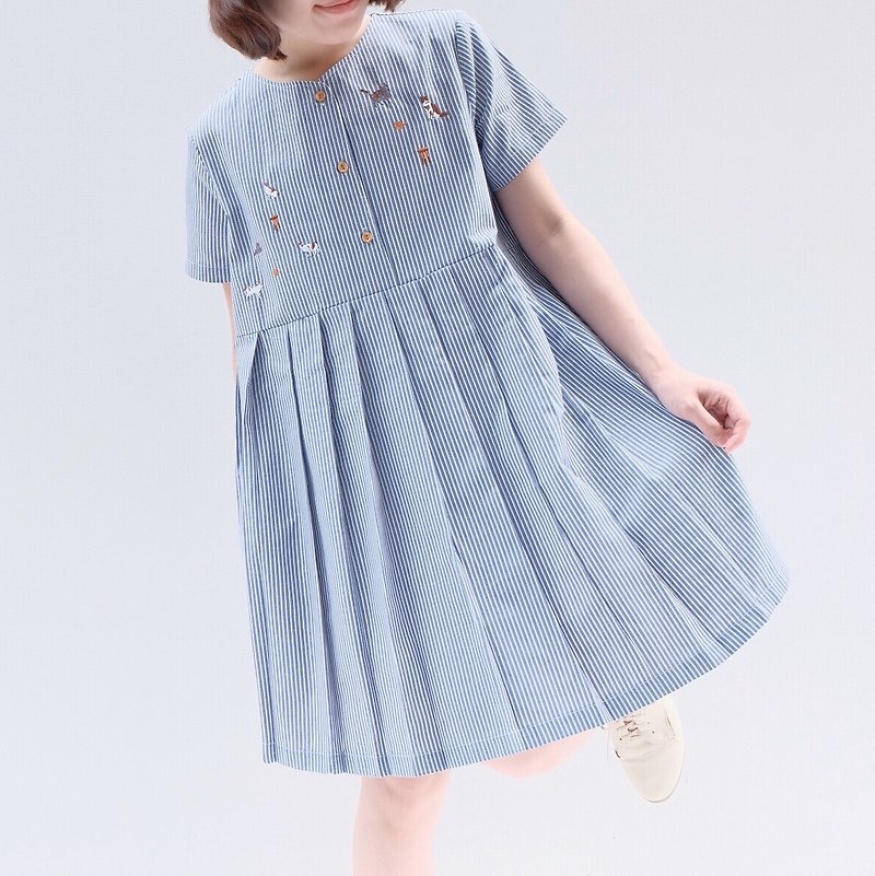 Mumu Dress -"playing with my cats" theme (blue grey color) - 連身裙 - 棉．麻 藍色