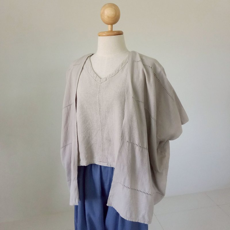 手織りオープンフロントカーディガン / グレー 透かし模様 / 草木染めコットン - 女上衣/長袖上衣 - 棉．麻 灰色