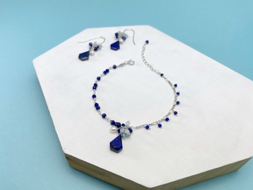 68 Jewellery｜純銀。天然石。輕珠寶 //青金石海藍寶珍珠手鏈// S925純銀 天然石水晶手作 防過敏
