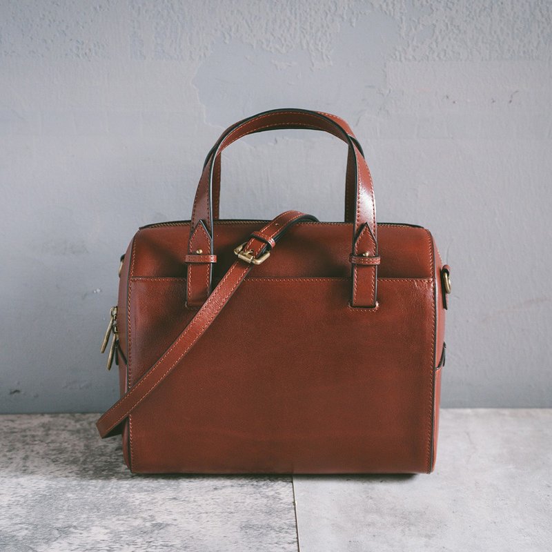 Genuine leather portable simple Boston bag 22290 red Brown Y - กระเป๋าแมสเซนเจอร์ - หนังแท้ สีแดง