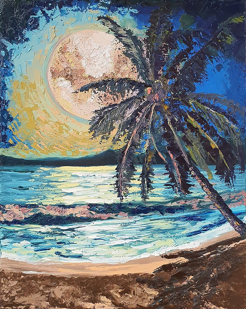 Original Oil Painting Hawaii Hapuna Beach Wall Art Palm Trees Seascape Artwork - 掛牆畫/海報 - 其他材質 藍色