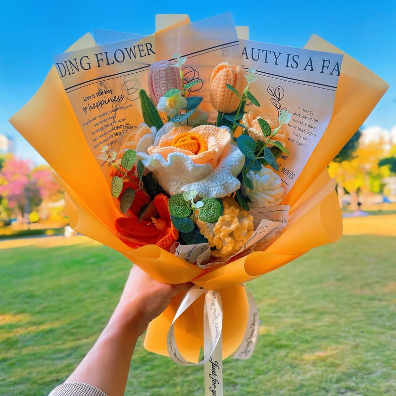 Handmade Yellow-Themed Crochet Flower Bouquet with Large White and Yellow Roses - Dried Flowers & Bouquets - Cotton & Hemp Yellow