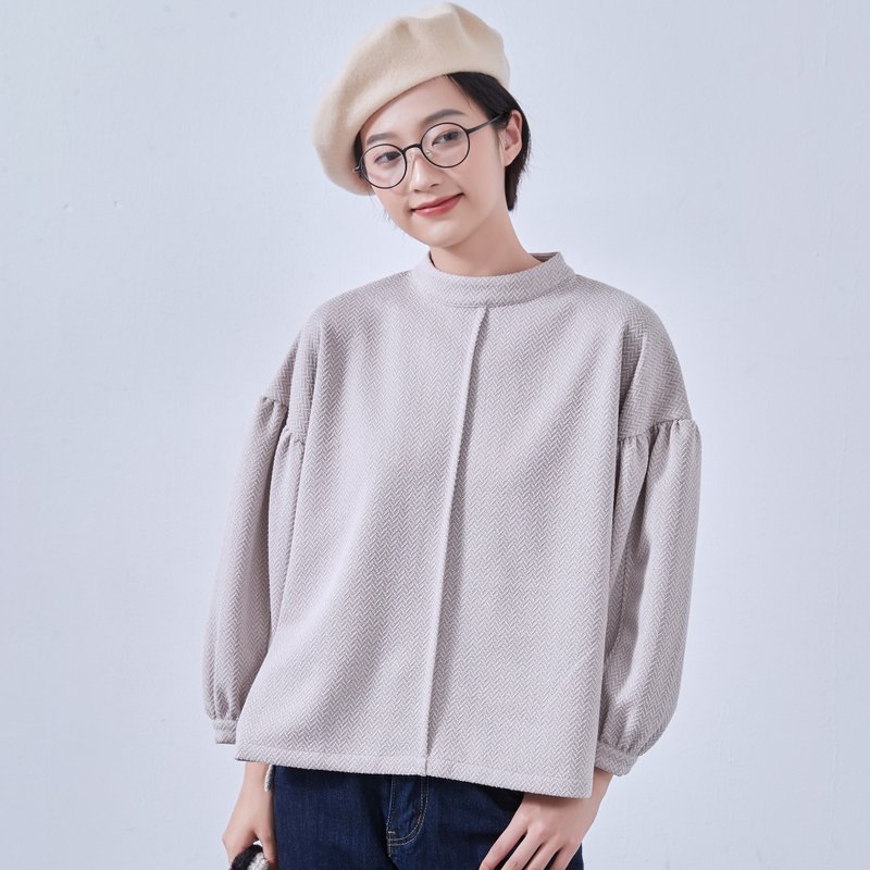 Volume, puff sleeves, long sleeve cut-and-sew jacquard material, fall/winter tops KNNT357 - Women's Tops - Other Man-Made Fibers 