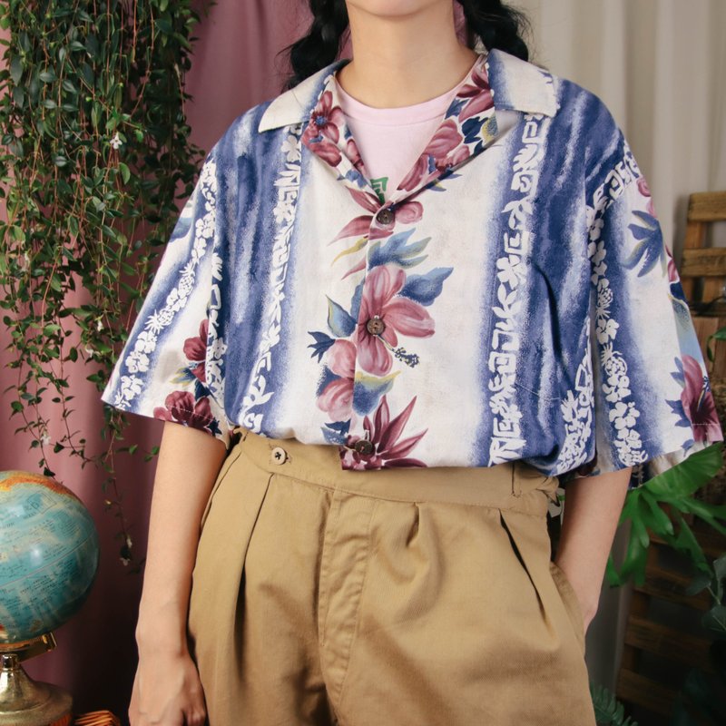 Tsubasa.Y│夏威夷衫C05 白/藍色 花襯衫 印花 夏季 - 女襯衫 - 其他材質 白色