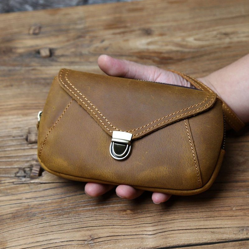 真皮男士手拿包 長錢包 斜挎手機包 - 銀包 - 真皮 咖啡色