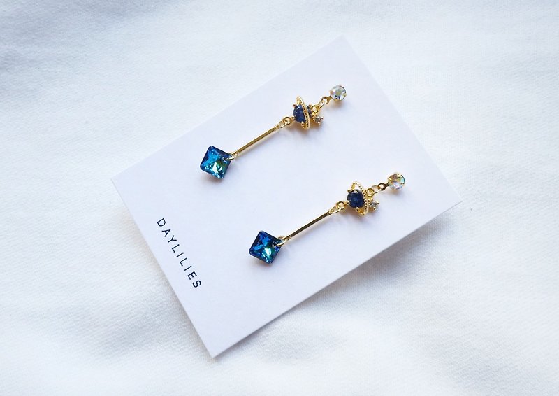 Swarovski Princess Cut Crystal 耳環 - Crystal Bermuda Blue - 耳環/耳夾 - 純銀 藍色