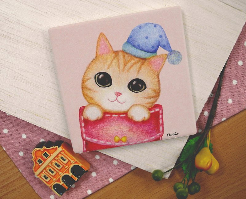 ChinChin Hand-painted Cat Ceramic Suction Coaster-Trick or Treat Cat - ที่รองแก้ว - วัสดุอื่นๆ สึชมพู