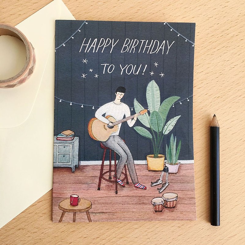 Birthday card- Guitar boy-with envelope - Cards & Postcards - Paper Pink