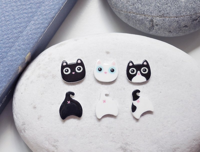 Dumbfounded cat handmade earrings anti-allergic ear acupuncture painless Clip-On black cat white cat Benz cat - Earrings & Clip-ons - Resin Black