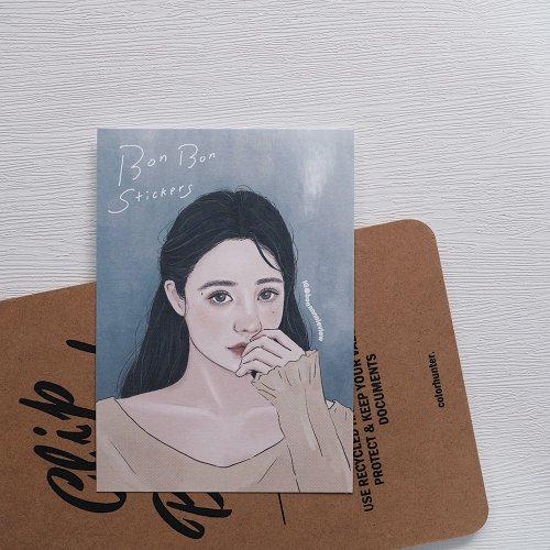 Bon Bon Stickers 女孩明信片-黑髮女孩