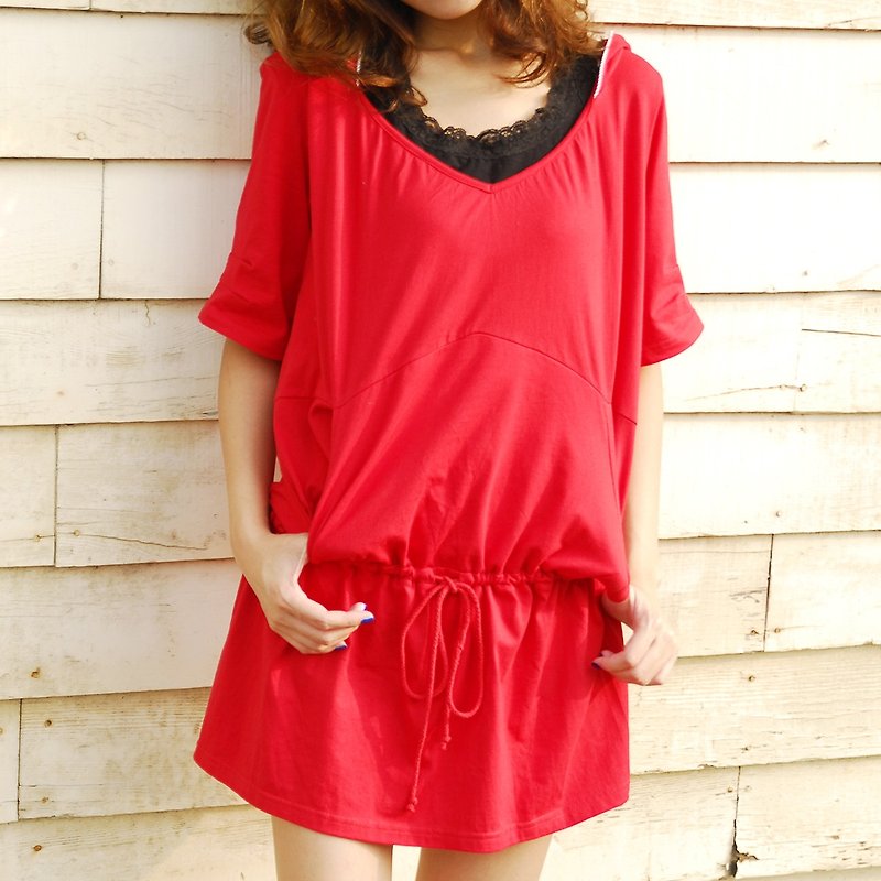 Hooded Five-point Sleeve V-neck Loose Dress Long Top-Light Red
