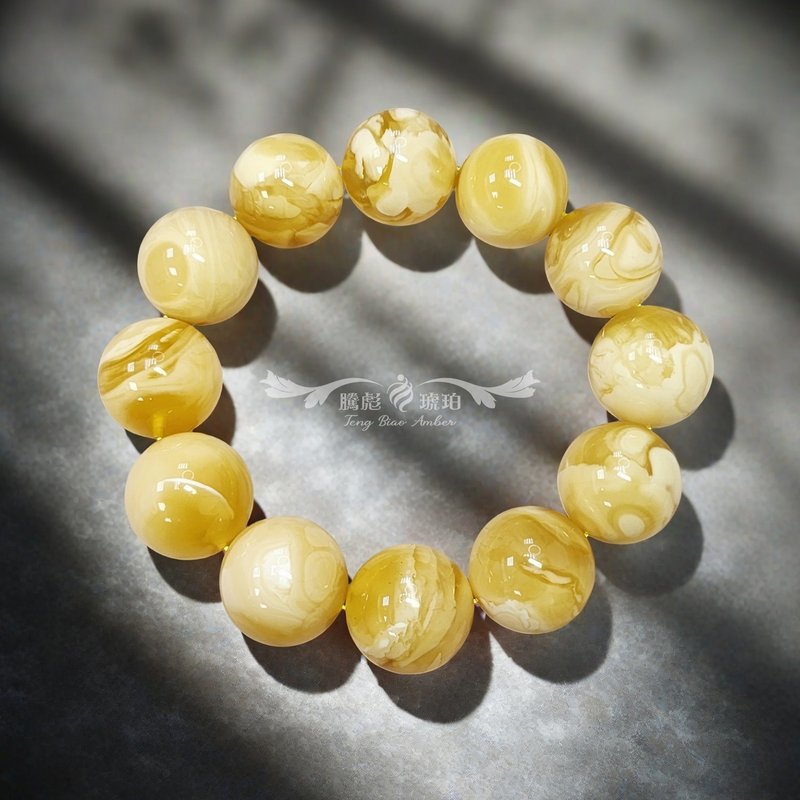 騰彪琥珀 天然琥珀蜜蠟 白花蜜蠟 天眼妖孽溶洞紋 天花板級 手鍊 - 手鍊/手環 - 半寶石 黃色