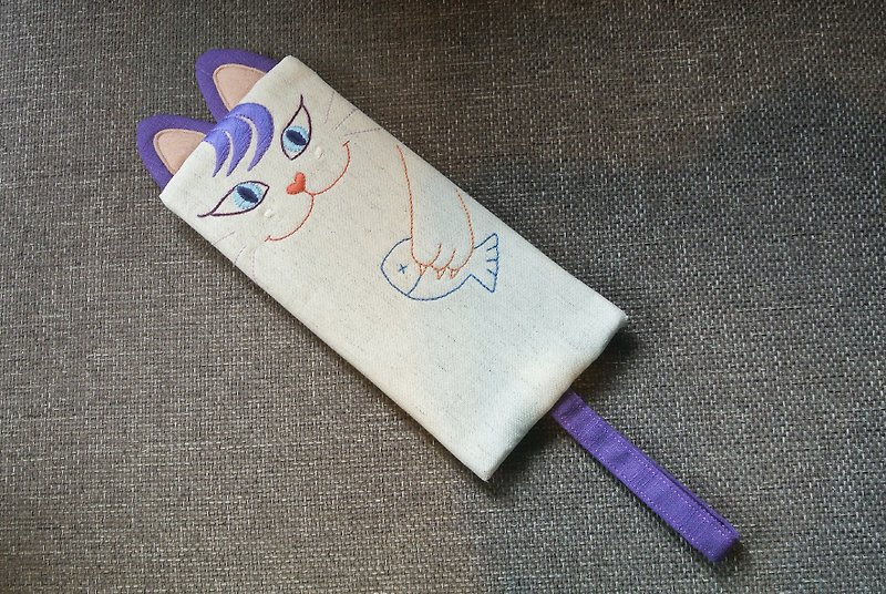 Cat catching fish - smiling purple cat - pencil case - Pencil Cases - Cotton & Hemp Purple