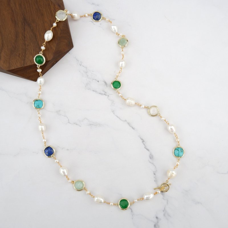 PANNE Navy Blue, Blue, Green Stone with Freshwater Pearl Long Necklace - 項鍊 - 寶石 藍色