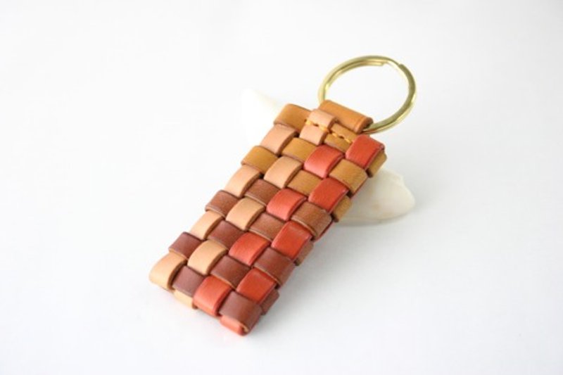 Hand-dyed leather style keychain, double ring type 25 - ที่ห้อยกุญแจ - หนังแท้ สีส้ม