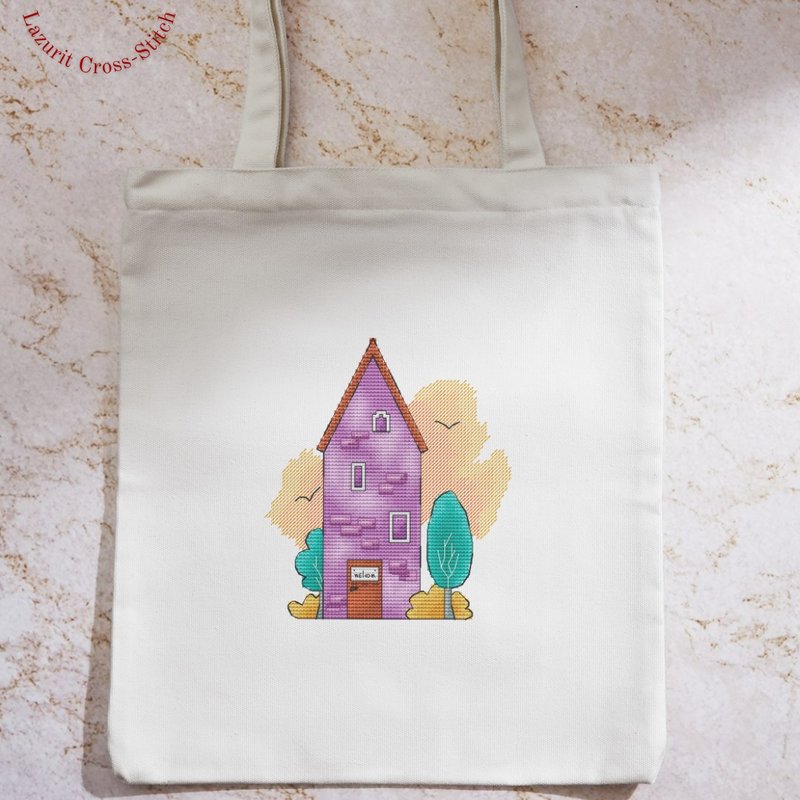 Charming Cross-Stitch Design: Tall Purple House Surrounded by Autumn Foliage - Logo 設計/圖案設計 - 其他材質 