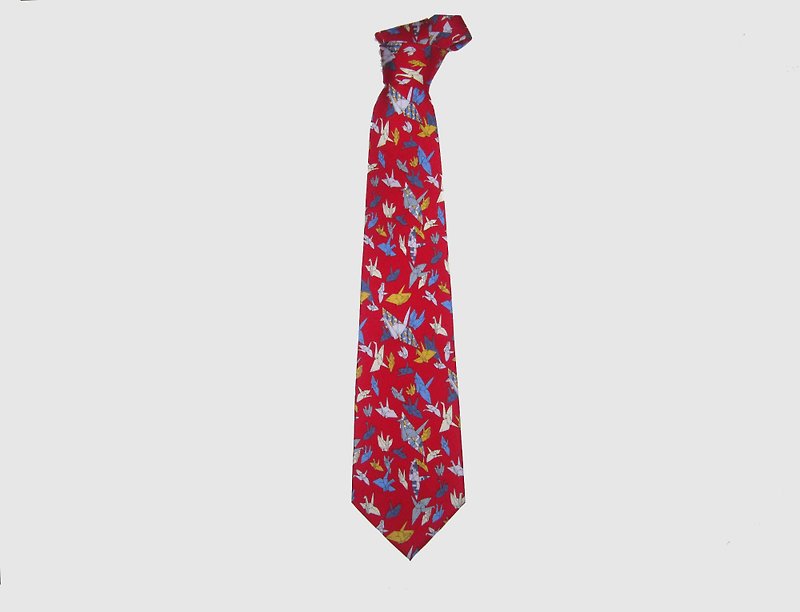 シルクネクタイ、おりがみ、千羽鶴　ネクタイ、N900-2 - 領呔/呔夾 - 絲．絹 紅色